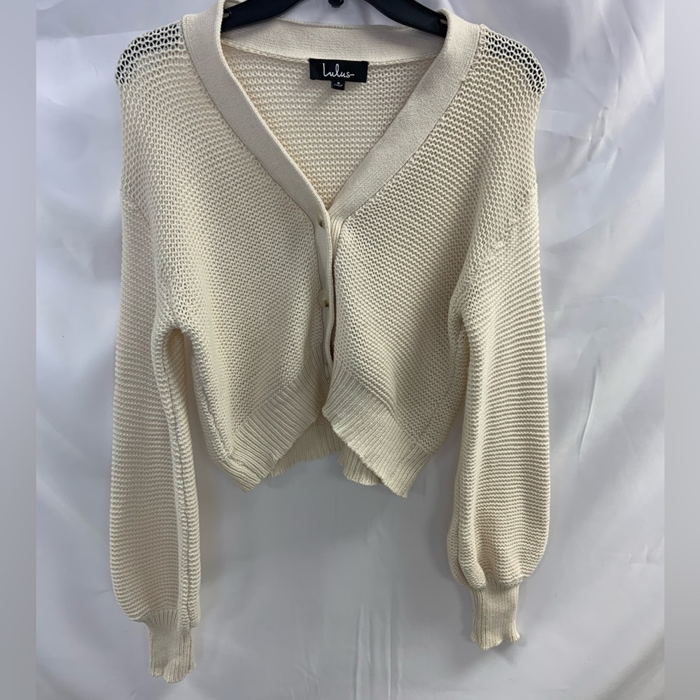 Lulu's Cream Cropped Cardigan with Balloon Sleeves